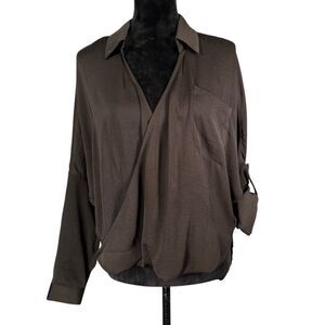 Arden B Black Blouse Silky Crossover High Low Draped Top V-Neck Batwing Shirt